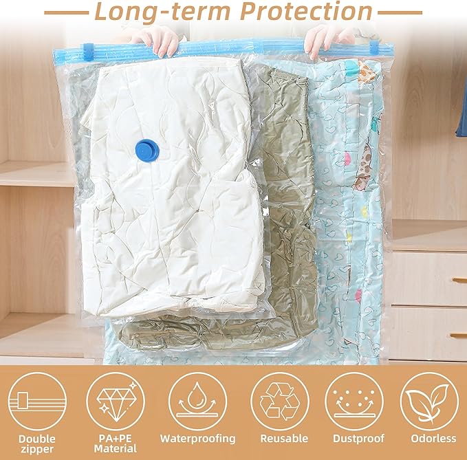 Travel Vacuum Bags with Rechargeable Pump,12 Pack Vacuum Storage Seal Bags for Clothing Suitcase Backpack, Space Saver Compre