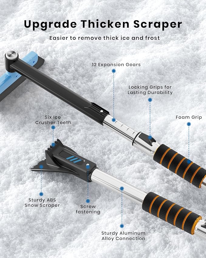 helloleiboo 43.7" Extendable Ice Scrapers for Car Windshield for 12 Adjustable Length Settings with Foam Grip and 360° Pivoting Brush Head Detachable Snow Brush for Truck SUV(Blue)