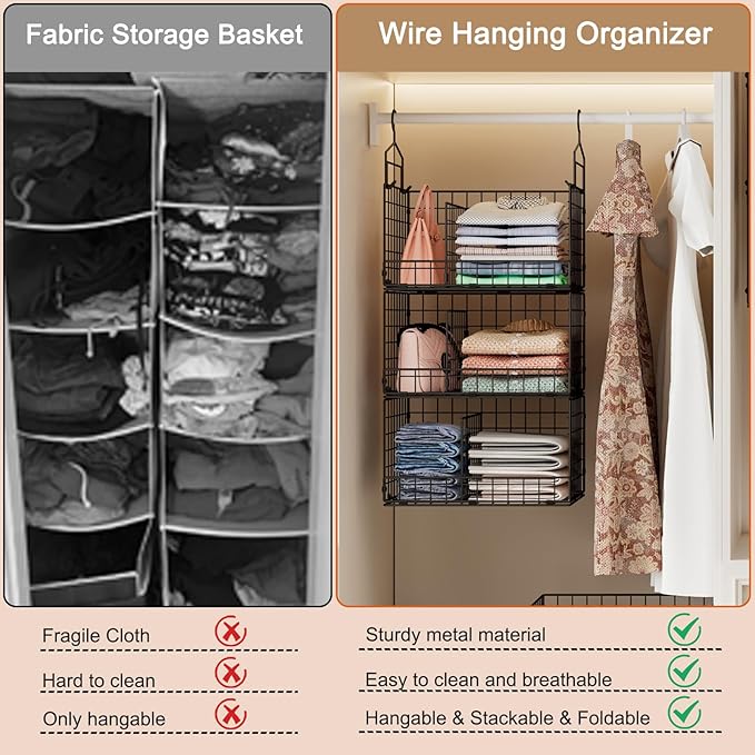 Sonyabecca 3-Tier Extra Large Closet Hanging Organizer with Dividers, Clothes Hanging Shelves with 2 Hanging Hooks & 5 S-Hook