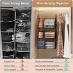 Sonyabecca 3-Tier Extra Large Closet Hanging Organizer with Dividers, Clothes Hanging Shelves with 2 Hanging Hooks & 5 S-Hook