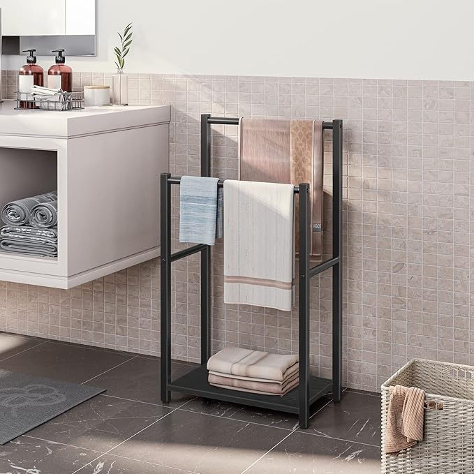HOOBRO Free Standing Towel Rack for Bathroom, 16.5" L x 9.4" W x 31.5" H, 2 Tier Blanket Rack, Blanket Holder, Drying and Dis