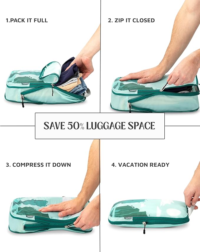 TRIPPED XL Compression Packing Cubes — 7-Piece Set for Checked Luggage | Extra-Large (15.7"×11"×4") + Large + Small + Tube + 