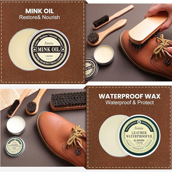 10Pcs Leather Care Kit- 3Pcs Horsehair Brushes, 1.76oz Saddle Soap, 1.76oz Mink Oil and Wax Waterproofer