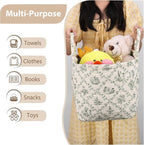 Storage Basket Boho Fabric Large Collapsible Floral Laundry Nursery Hamper Portable Folding Storage for Clothes Toys (Vine-Gr
