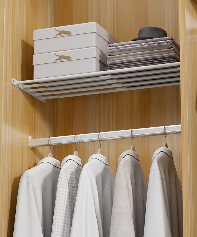 FIRJOY Expandable Wall-Mounted Closet Shelf Organizer, Adjustable Storage Rack, Heavy Duty (White, 31.5" - 42")
