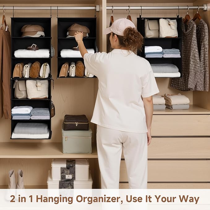 StorageWorks Hanging Closet Organizer 6-Shelf, Jumbo Separable Two 3 Shelf Closet Storage Organizer with Side Pockets, Portab