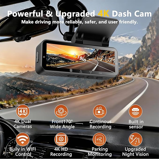 4K Dash Cam with Built-in WiFi, Front Car Camera, APP Control, Night Vision, 24H Parking Monitor, 170° Wide Angle, G-Sensor, 