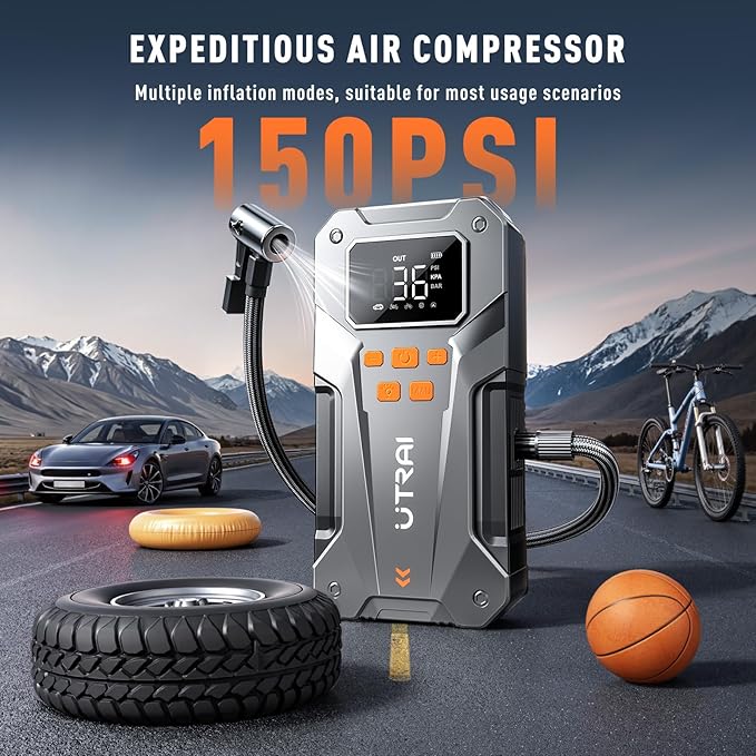 UTRAI 5000A 150PSI Jump Starter with Air Compressor, 12V Portable Jump Box (All Gas/10L Diesel), Jump Pack with LED Light, Car Jumper with Jumper Cables, Storage Case Included