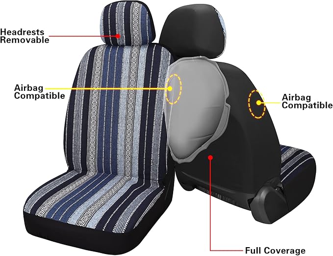 Pariitadin Baja Saddle Blanket Car Seat Covers Front Set with Seat Belt Pads, Washable Breathable Striped Woven Cloth Seat Co