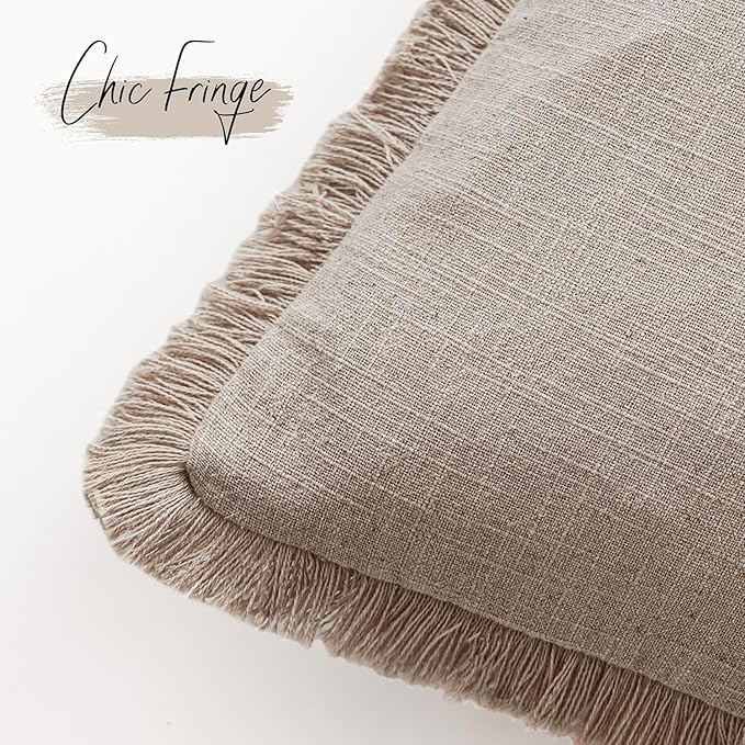 Foindtower Set of 2 Decorative Linen Fringe Throw Pillow Covers Farmhouse Cushion Cover with Tassels Soft Accent Pillowcase f