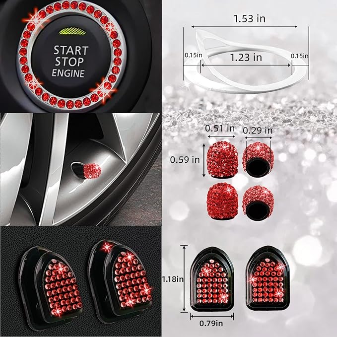 NBTEPEM 30 Pcs Red Bling Car Accessories Set for Women, Red Steering Wheel Cover Set, Bling Console Cover, Seat Belt Cushion, Shift Knob Cushion, Cup Holder Coaster, Rhinestone Car Hanging Accessories
