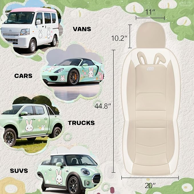 PIC AUTO Car Seat Covers, Cute Rabbit Premium Beige Leather Seat Covers, Universal Fit Front Seat Covers for Cars, Trucks, SU