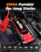 4000A Car Jump Starter Portable Jump Box Battery Booster Pack with Jumper Cables and LED Light Upto 8L Gas and 7L Diesel Engines