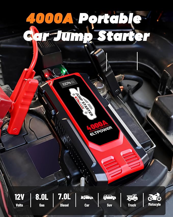 4000A Car Jump Starter Portable Jump Box Battery Booster Pack with Jumper Cables and LED Light Upto 8L Gas and 7L Diesel Engines