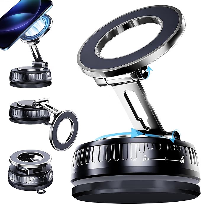 2026 Upgraded Magnetic Car Phone Mount for MagSafe: 360° Rotatable Adjustable Holder with 180+LBS Strong Suction Cup & 4200gf Magnet, Compatible with iPhone Series & Android Devices, Black