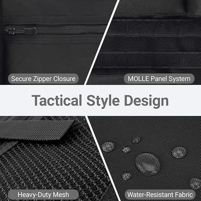 Tactical Car Seat Organizer with Multiple Pockets, MOLLE Panel System & Mesh Compartments, Durable Nylon Universal Vehicle Backseat Storage with Cup Holder, Water-Resistant (Black)