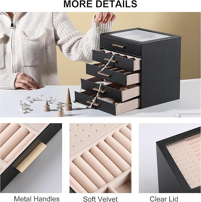 Frebeauty Clear Lid Jewelry Box,5-Layer Jewelry Organizer with Drawer,PU Leather Jewelry Organizers and Storage,Jewelry Boxes