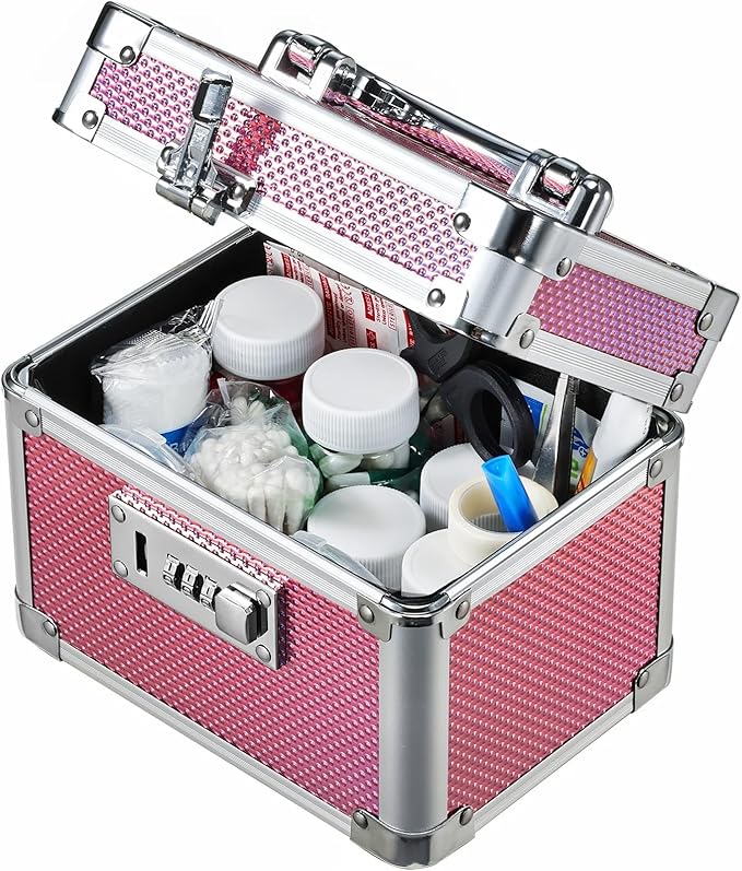 Adazzo Medicine Lock Box with 3-Digit Combination Lock – Pink Lockable Storage Box for Medication, Small Lock Box for Valuabl