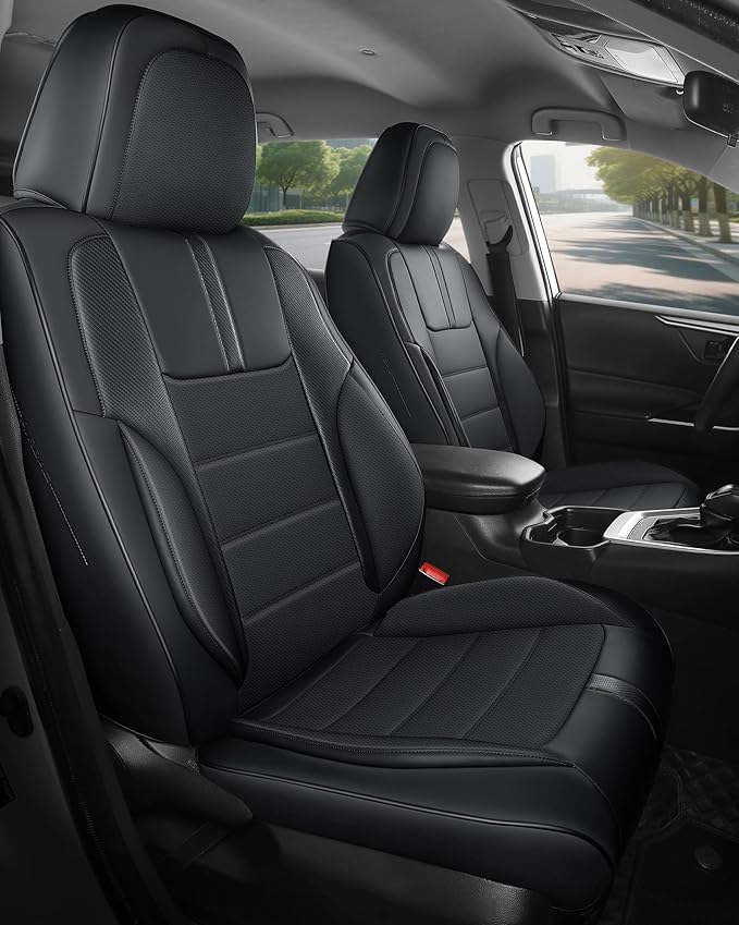 FREESOO Black Front Car Seat Covers - Faux Nappa Leather Seat Covers for Cars, with Carbon Fiber Texture Seatbelt Pads, Water