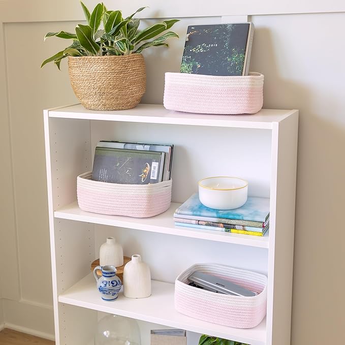 NaturalCozy 11.8"x8"x4.5” Rectangle Storage Baskets for Shelves 3 Pack | Cotton Rope Woven Small Baskets for Organizing | Sma