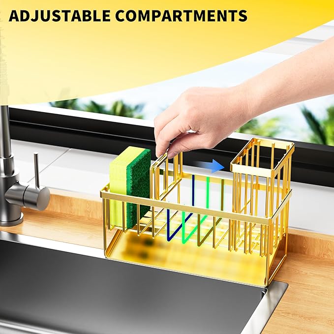 Cisily Gold Kitchen Sink Caddy Organzier with High Brush Holder, Sponge Holder for Sink, 304 Rustproof Stainless, Kitchen Cou