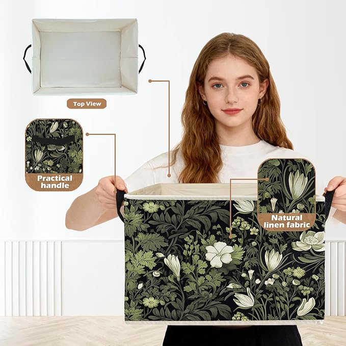 Vintage Floral Botanical Storage Box Bins, Art Nouveau Plant Flower Aesthetic Collapsible Storage Basket Organizer for Bedroo