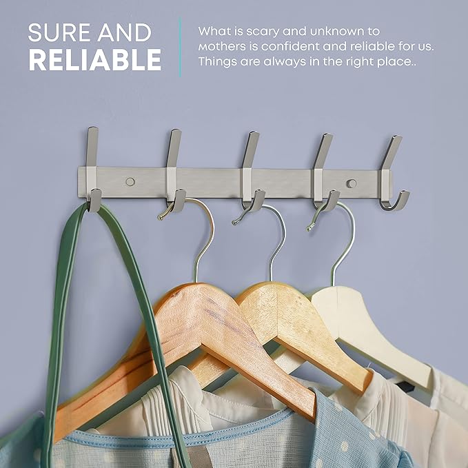 Coat Rack Wall Mount – Brushed Nickel 15 Inch Stainless Steel Hook Rail with 5 Heavy Duty Double Coat Hooks – Wall Mounted Co