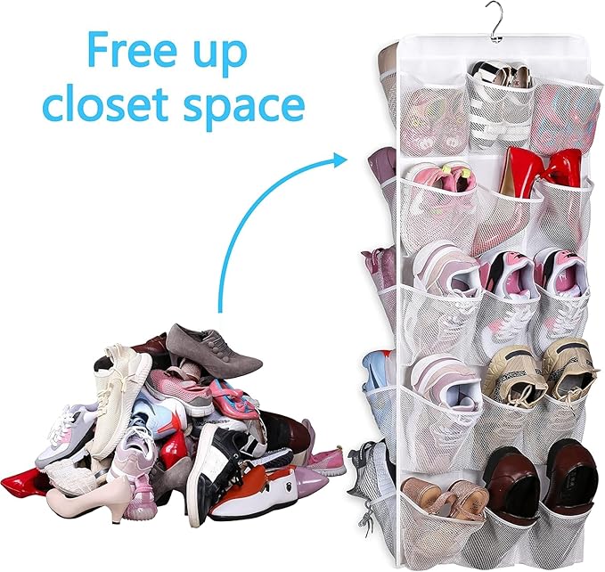 MISSLO 30 Large Pockets Dual Sided Hanging Baby Shoe Organizer for Closet with Rotating Hanger Hanging Shoe Shelves, White
