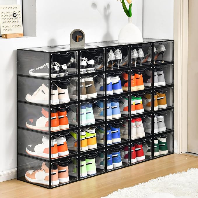 Stebopum 12 Pack Stackable Shoe Storage Organizer with Magnetic Door, Shoe Boxes Clear Black Plastic for Closet, Shoe Rack fo