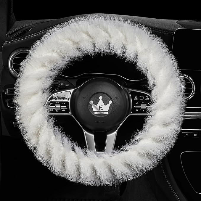 Fuzzy Winter Steering Wheel Covers for Women, Warm Cute Fluffy Car Wheel Cover for F150, Trucks, Jeep, Van, Soft Furry Auto Plush Large Car Handle Cover for Cold Weather, 15.2-16in, White