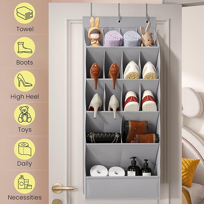 15 Pockets Over the Door Shoe Organizer, Shoe Rack for Closet Door with Large Breathable Pockets, Hanging Shoes Rack for Boot