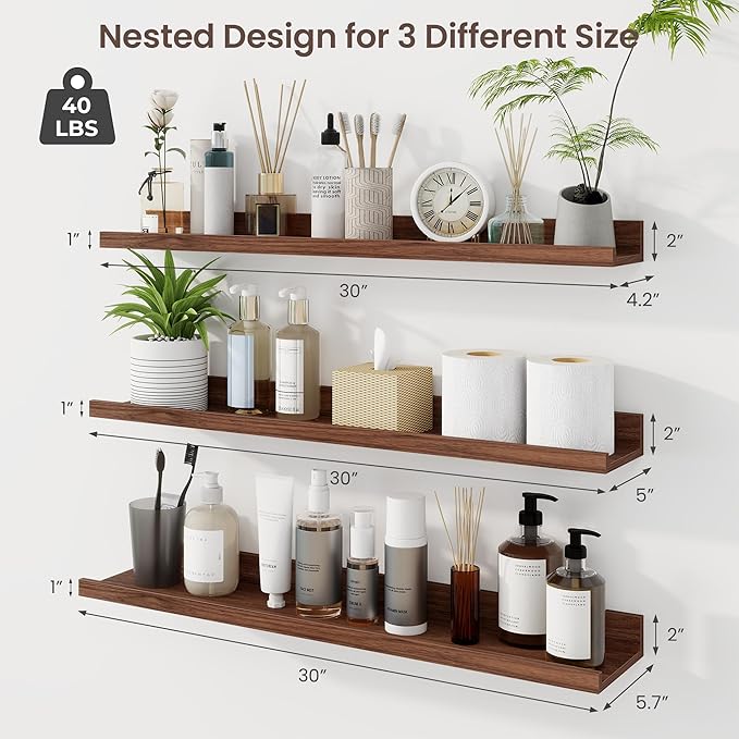 Axeman 30 Inch Floating Shelves | Walnut Picture Ledge Shelf Set of 3 | Rustic Wood Wall Shelves with Lip | 30" Walnut Pictur