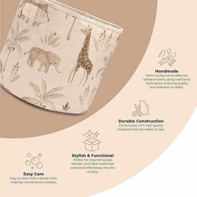Crane Baby Fabric Round Nursery Storage Basket, Toy Storage, Safari Animal, 13"x12", Toy Basket, Baby Storage Organizer, Toy 