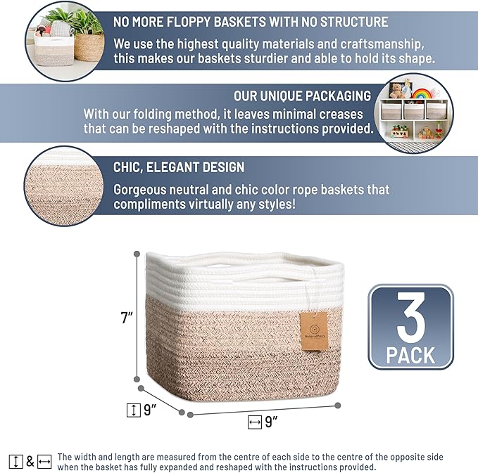 NaturalCozy Storage Cubes 9”x9”x7”Cotton Rope Woven Baskets for Organizing 3-Pack | 9 Inch Cube Storage Bin | Small Basket fo