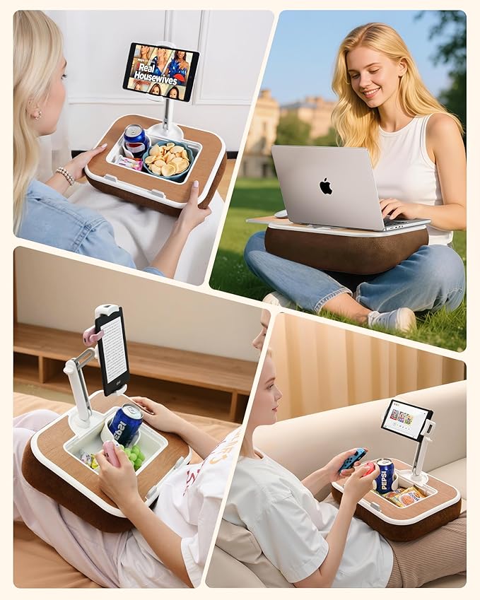 Car Desk for Laptop with Mouse Pad, Car Tablet Holder Back Seat for Kids, Car Tray Table for Front Seat Passenger, Portable Soft Pillow Stand for Vehicle Bed Sofa - Wood Grain