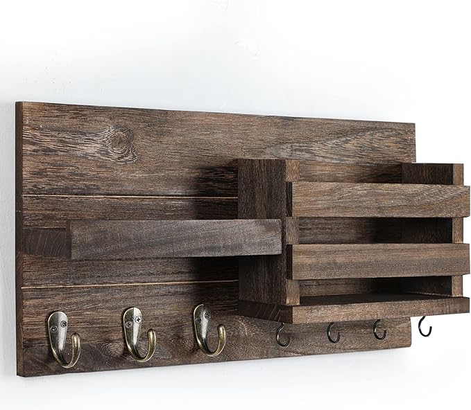 Lwenki Mail Organizer for Wall Mount – Key Holder with Shelf Includes Letter Holder and Hooks for Coats, Dog Leashes – Rustic