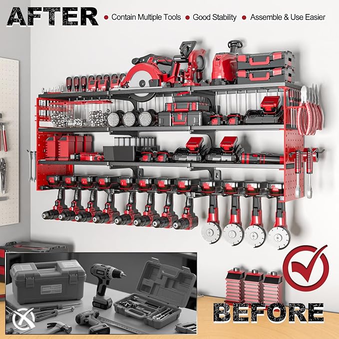 Power Tool Organizer Wall Mount, Cordless Drill Hanger Storage Rack 8 Drill Holder, 4 Layer Heavy Metal Large Capacity Tool R