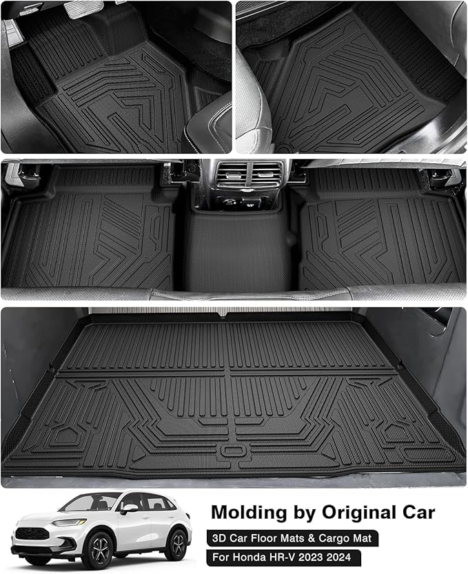 Powerty Floor Mats & Cargo Liner for 2023 2024 2025 2026 Honda HRV HR-V Accessories Floor Mats 2 Row Liner Set All Weather TPE 3D Floor Liners&Rear Cargo Mat
