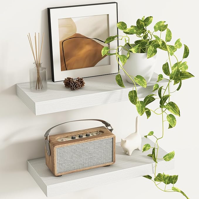 Fun Memories Deep Floating Shelves - 16" W x 9.3" D x 1.6" H Rustic White Wall Shelf - Wall Mounted Shelves for Storage - Woo