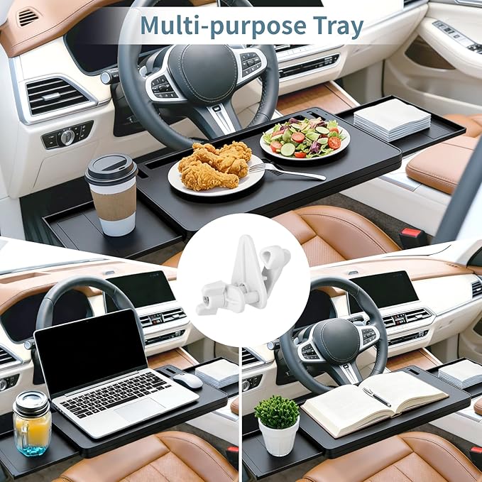 Adjustable Car Steering Wheel Tray, Expandable Car Desk with Rotatable Clip for Laptop & Food, Multipurpose Portable Table for Eating, Working, Gaming
