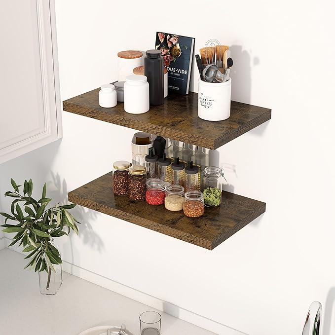 Dreamland 24" Floating Shelves for Wall, 12" Deep Slim Rustic Brown Floating Shelves, Wall-Mounted Shelves for Bedroom, Livin