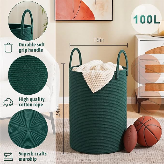 Artfeel Laundry Basket,Woven Cotton Rope Laundry Hamper,100L for Decorative Storage of Dirty Clothes,Toys and Blankets in Bat