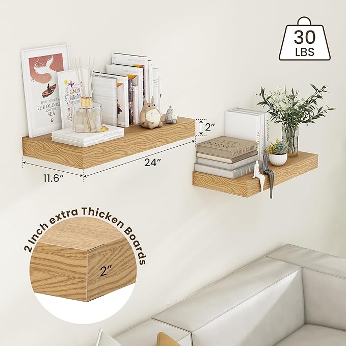 Deep Floating Shelves | 24 Inch Oak Floating Shelves Set of 2 | 12 Inch Deep Rustic Wood Shelves for Wall | 24" W x 12" D Oak