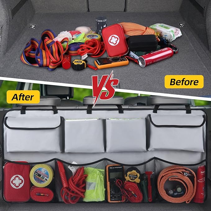 Car Backseat Hanging Trunk Organizer - Gray, 8 Large Storage Bags - Super Capacity Storage Solution for SUVs, Trucks, Vans, and Cars