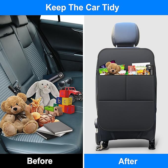 Kick Mats Back Seat Protector Fit for Hyundai Kona with 2 Pocket Storage Organizer - Faux Leather Waterproof Dirt Proof for Kids Feet Automotive Accessories (1 Pair,Black)