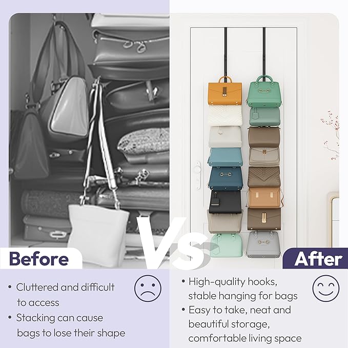 SWTYMIKI Over The Door Purse Organizer - 2 Packs Wall Mounted Purse Rack with 8 Hooks Design, Hanging Handbag Organizer Stora