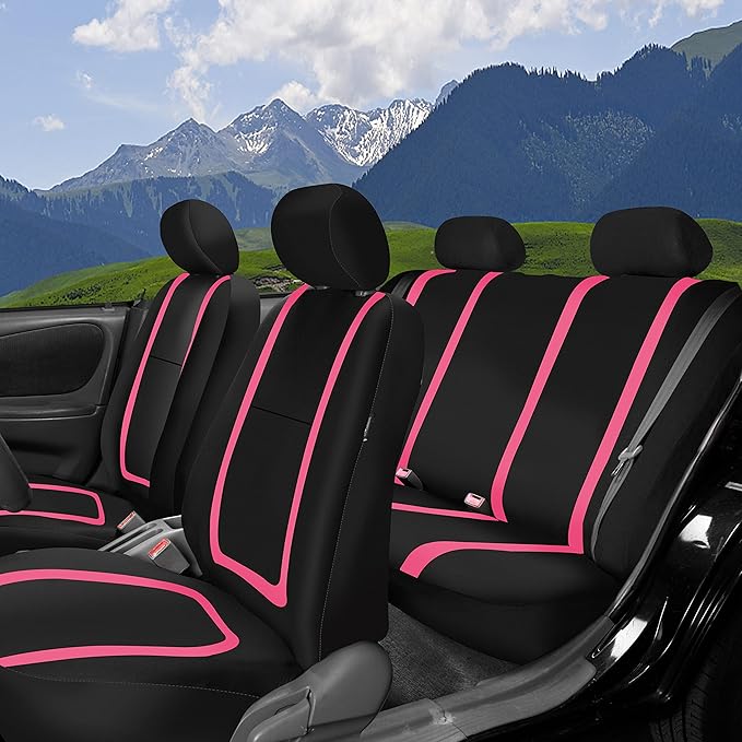 FH Group Unique Flat Cloth Full Set Car Seat Covers w. Silicone Steering Wheel Cover- Universal Fit for Most Cars, Trucks, SUVs or Vans (Pink/Black)