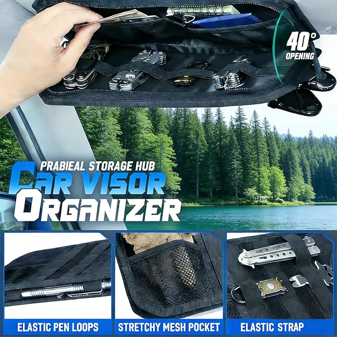 Molle Car Sun Visor Organizer,Car Accessories with Zipper Visor Storage Pouch&Glasses Clip&Adjustable Straps, Semi-Rigid Molle Panel for Tactical Gears, Fits Most Vehicles, SUVs (Black)