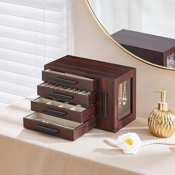 HOOBRO Jewelry Box for Women, Wooden Jewelry Organizer with Transparent Window, 4-Layer Jewelry Organizer Box, Jewelry Holder