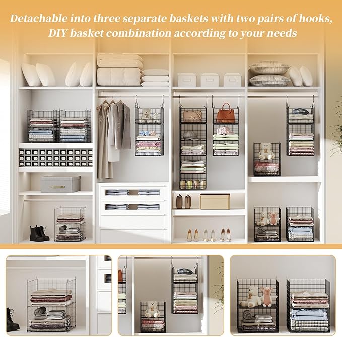 Yuyetuyo 5 Tier Closet Hanging Organizer and Storage Separable Hanging Closet Shelves with 4 Hooks 2 Adjustable Dividers, Wir